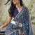 Navy blue elegant printed polycotton saree with blouse piece
