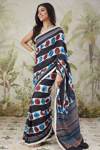 Black elegant printed polycotton saree with blouse piece
