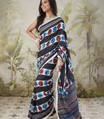 Black elegant printed polycotton saree with blouse piece