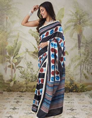 Black elegant printed polycotton saree with blouse piece 2