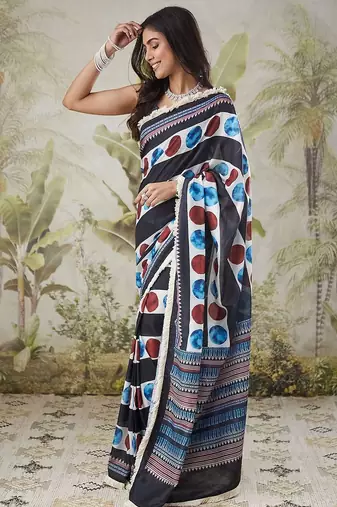 Black elegant printed polycotton saree with blouse piece