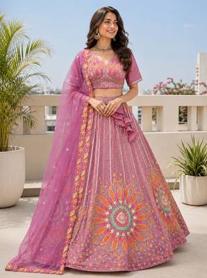 Wedding & Sangeet Wear Purple Crush Silk Lehenga with Embroidered Blouse 1