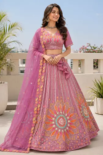 Wedding & Sangeet Wear Purple Crush Silk Lehenga with Embroidered Blouse