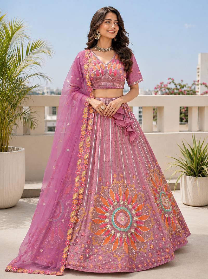 Wedding & Sangeet Wear Purple Crush Silk Lehenga with Embroidered Blouse