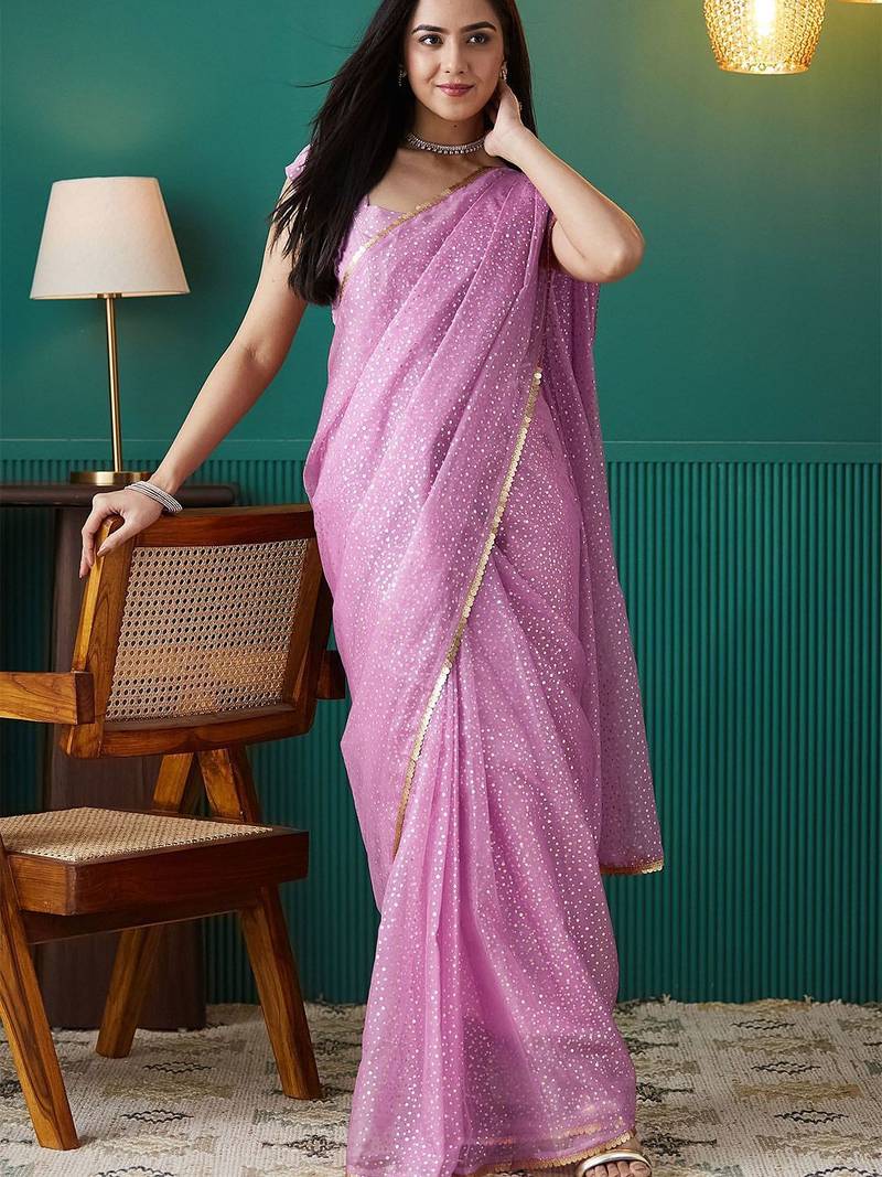 Pink elegant printed organza saree with blouse piece