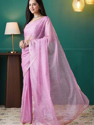Pink elegant printed organza saree with blouse piece 2