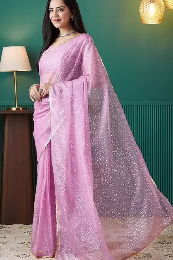 Pink elegant printed organza saree with blouse piece
