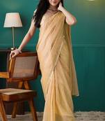 Yellow elegant printed organza saree with blouse piece