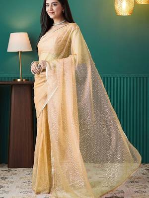Yellow elegant printed organza saree with blouse piece 2