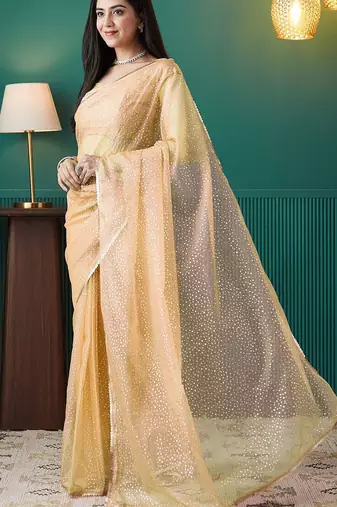 Yellow elegant printed organza saree with blouse piece