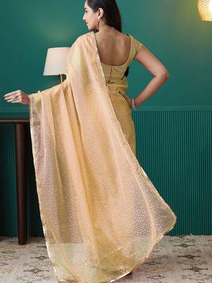 Yellow elegant printed organza saree with blouse piece 3