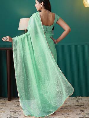 Green elegant printed organza saree with blouse piece 3