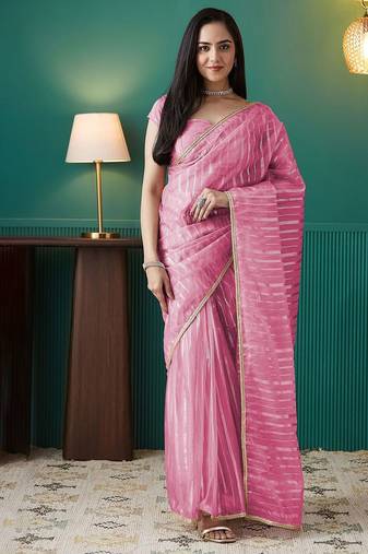 Pink elegant printed organza saree with blouse piece