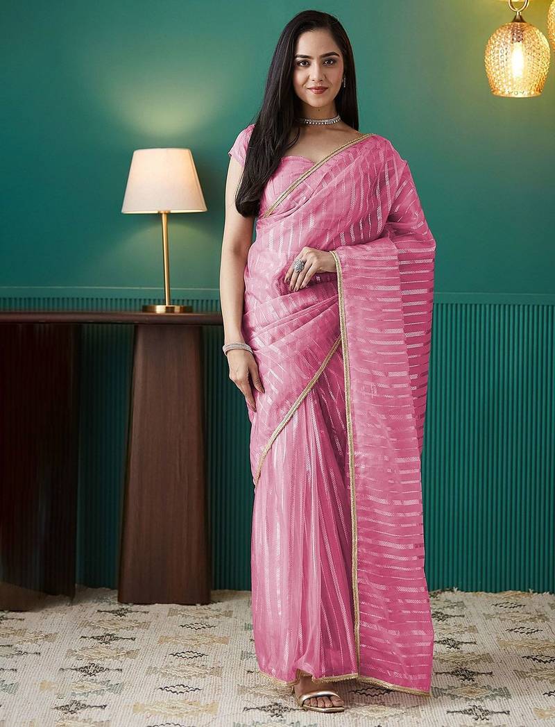 Pink elegant printed organza saree with blouse piece