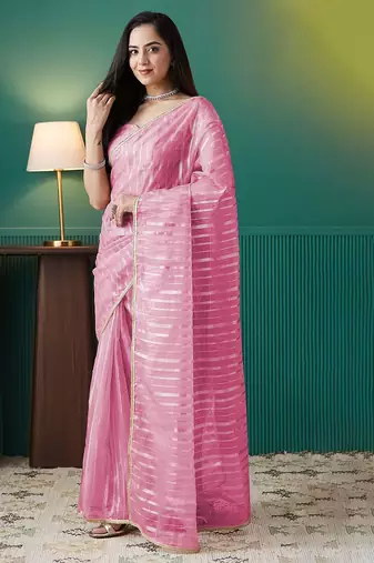 Pink elegant printed organza saree with blouse piece