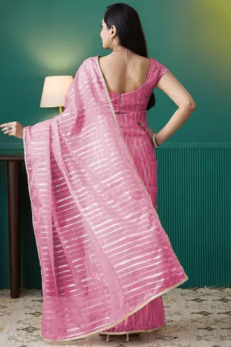 Pink elegant printed organza saree with blouse piece