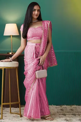 Pink elegant printed organza saree with blouse piece