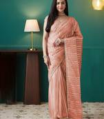 Peach elegant printed organza saree with blouse piece