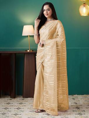 Yellow elegant printed organza saree with blouse piece 2