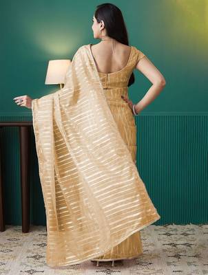 Yellow elegant printed organza saree with blouse piece 3