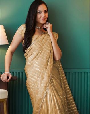 Yellow elegant printed organza saree with blouse piece 5