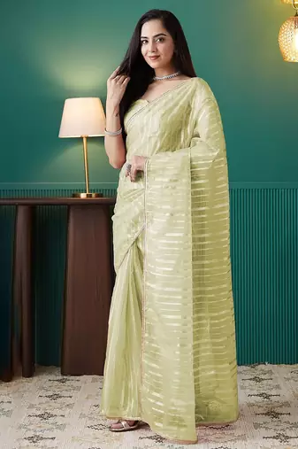 Green elegant printed organza saree with blouse piece