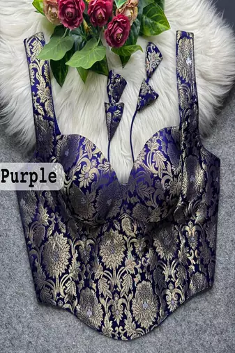 Purple zari woven jacquard silk designer readymade saree blouse for women wedding party wear