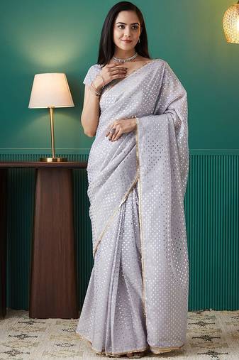 Purple elegant printed organza saree with blouse piece