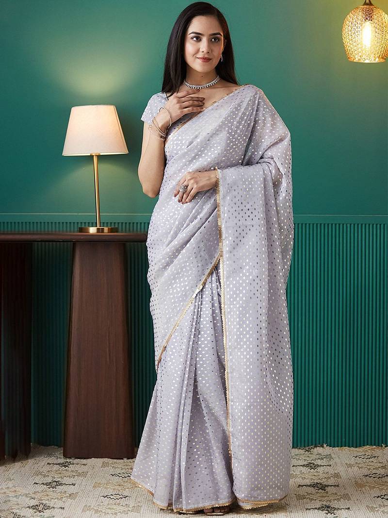 Purple elegant printed organza saree with blouse piece