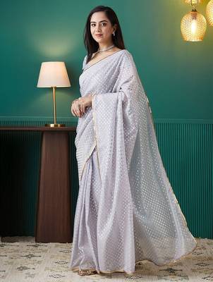 Purple elegant printed organza saree with blouse piece 2