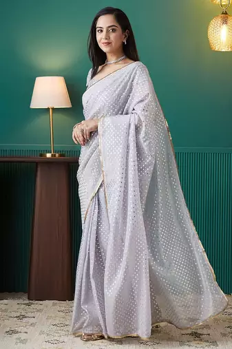 Purple elegant printed organza saree with blouse piece