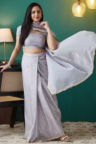 Purple elegant printed organza saree with blouse piece
