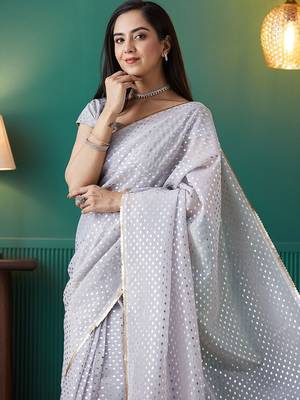 Purple elegant printed organza saree with blouse piece 5