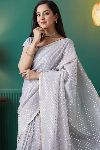 Purple elegant printed organza saree with blouse piece