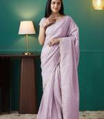 Pink elegant printed organza saree with blouse piece