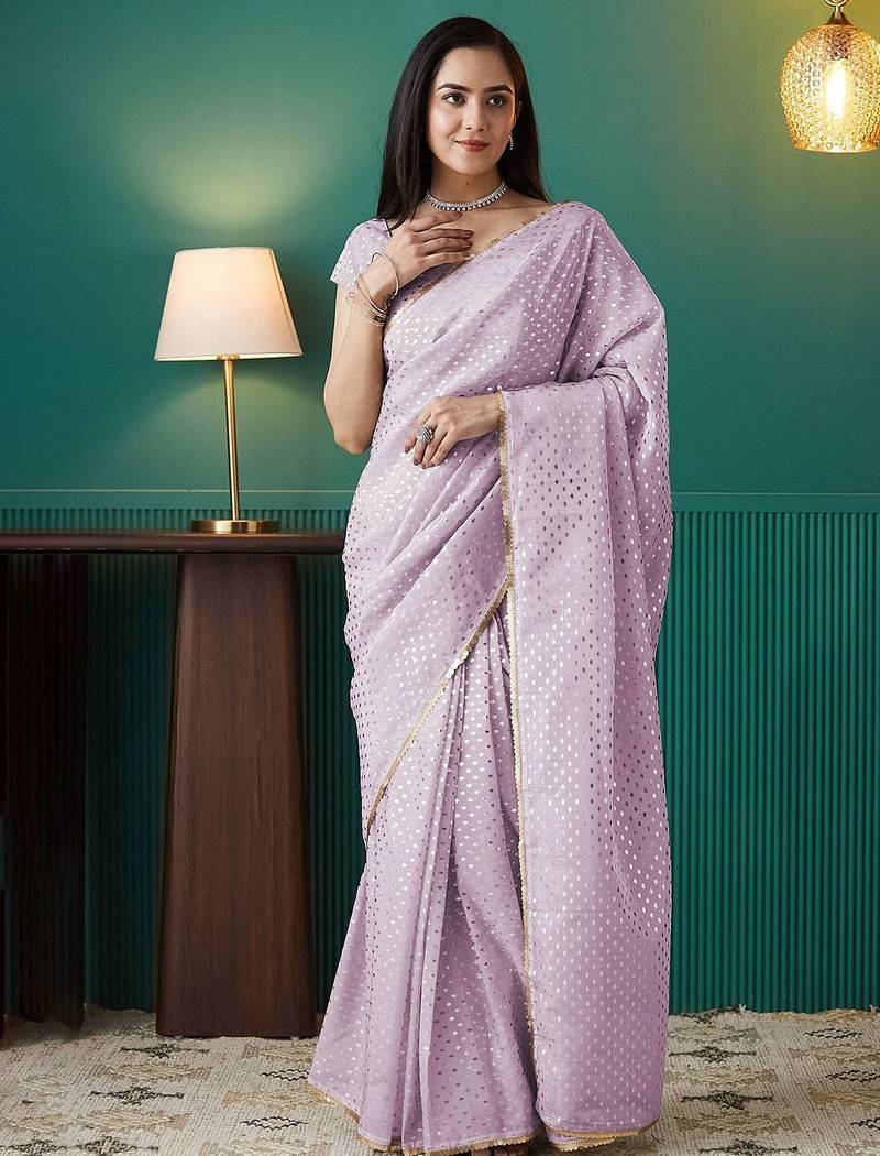 Pink elegant printed organza saree with blouse piece