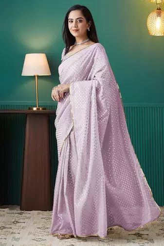 Pink elegant printed organza saree with blouse piece