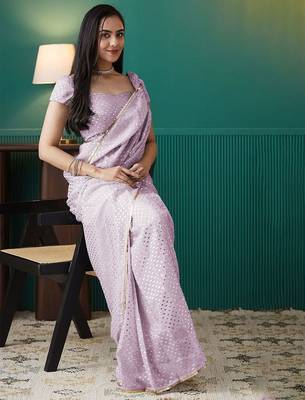 Pink elegant printed organza saree with blouse piece 3