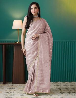 Peach elegant printed organza saree with blouse piece 1