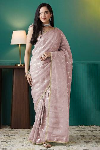 Peach elegant printed organza saree with blouse piece