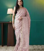 Peach elegant printed organza saree with blouse piece