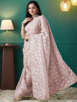 Peach elegant printed organza saree with blouse piece 2