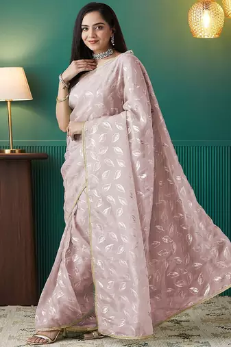 Peach elegant printed organza saree with blouse piece
