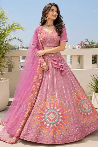 Wedding & Sangeet Wear Purple Crush Silk Lehenga with Embroidered Blouse
