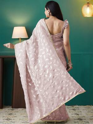 Peach elegant printed organza saree with blouse piece 3