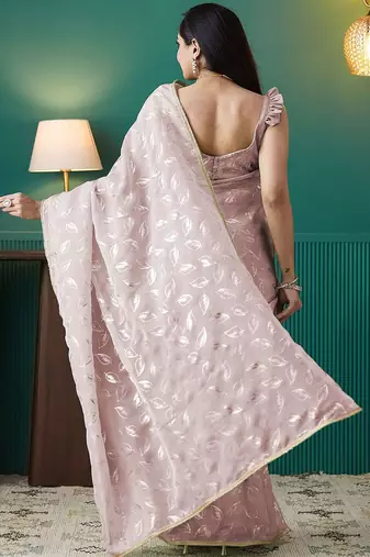 Peach elegant printed organza saree with blouse piece