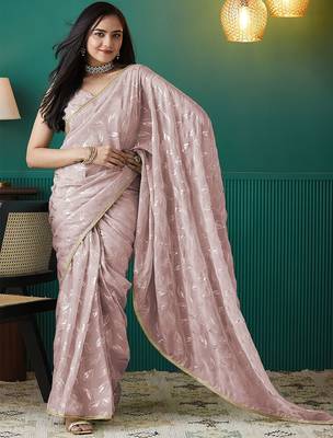 Peach elegant printed organza saree with blouse piece 4