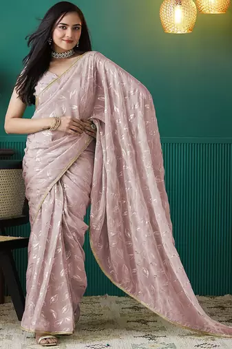 Peach elegant printed organza saree with blouse piece
