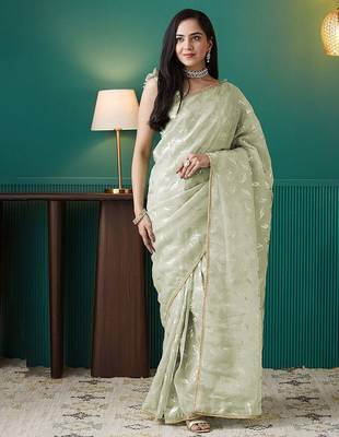 Green elegant printed organza saree with blouse piece 1