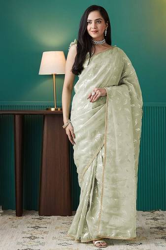 Green elegant printed organza saree with blouse piece